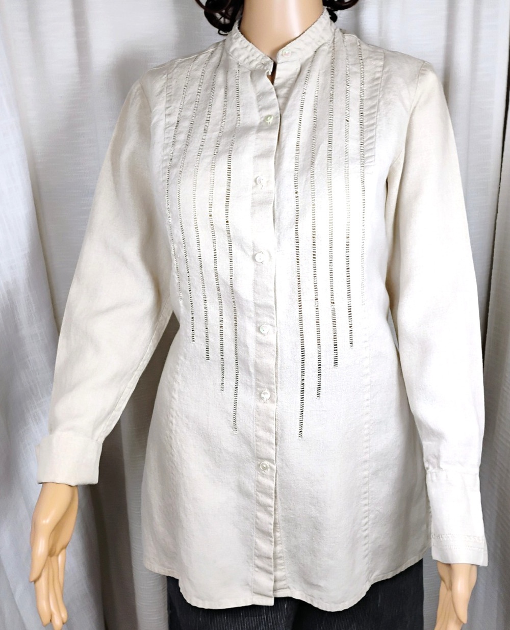 100% Linen Tunic Top Ladder Trim Mandarin Collar Minimalist Lagenlook Small